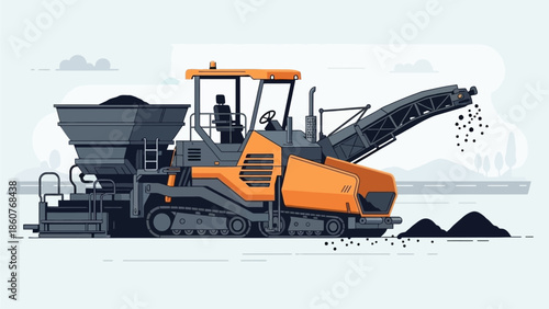 Heavy machinery operates on a construction site, laying asphalt from a large drum