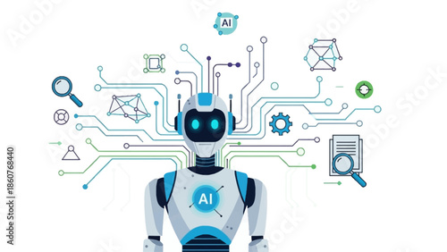 Robot with AI circuitry and digital icons representing technology and innovation in a futuristic illustration