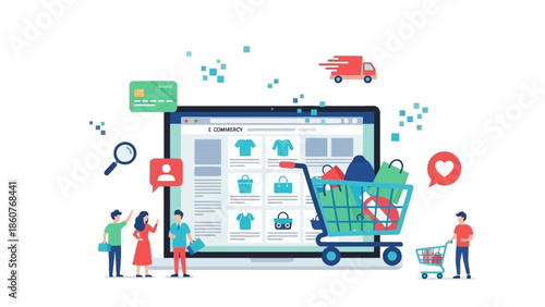 Online shopping experience with people interacting around a large computer screen displaying products in a cart