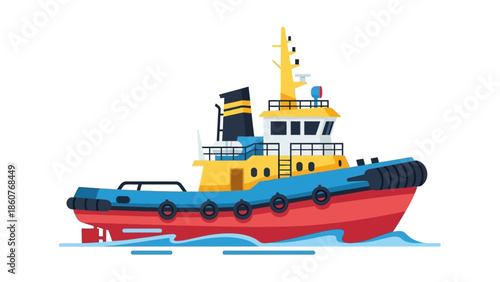 Vibrant Tugboat Sailing Through Calm Waters, Vector Illustration of Maritime Transportation