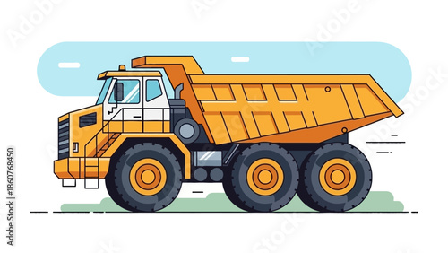 Large yellow dump truck with six wheels on a grassy terrain viewed from the side
