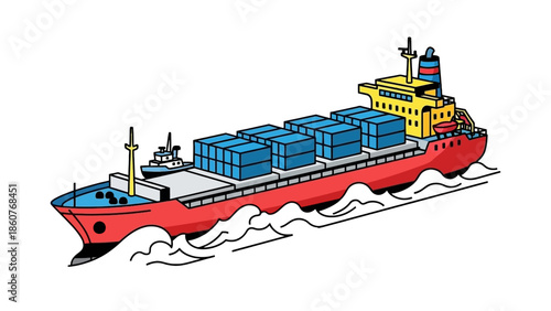 A large cargo ship carrying blue containers sails through the ocean waves