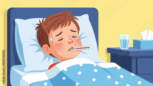 A young boy lies in bed with a thermometer in his mouth, resting and recovering from an illness in a cozy bedroom setting