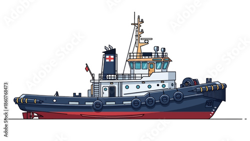 Tugboat illustration viewed from the side, showcasing its industrial design and maritime equipment in a detailed graphic representation