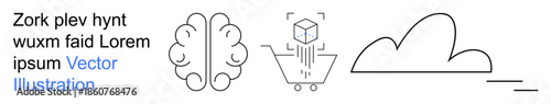 Artificial intelligence, cloud computing, e-commerce innovation, digital transformation, conceptual design thinking, technology solutions. Linear icons of brain, cloud cube in cart. Artificial
