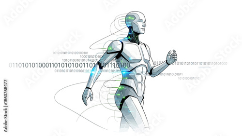 A futuristic humanoid robot runs with binary code streaming behind it