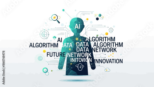 A person surrounded by futuristic technology and data elements in a digital landscape viewed from the front