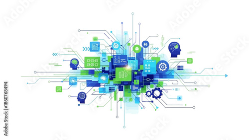 Abstract digital representation of technology and innovation with geometric shapes and circuitry elements in shades of blue and green