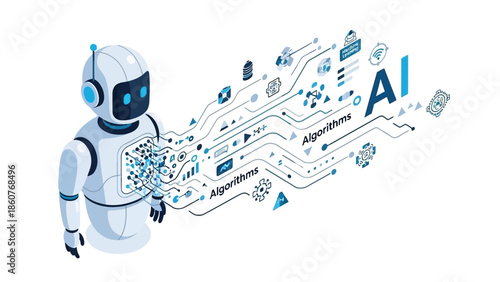 Robot interacting with artificial intelligence circuits and data streams in a futuristic illustration