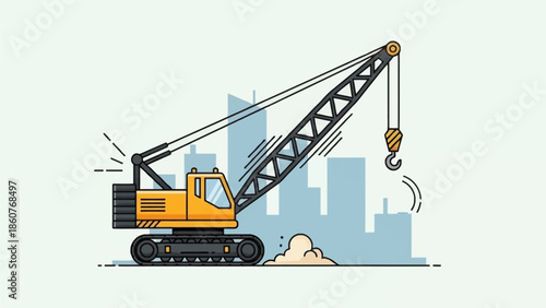 Crane operating in urban construction site with cityscape background illustration