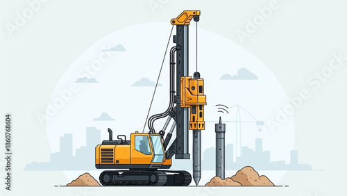 Heavy machinery operating in an urban construction site with a pile driver and excavator