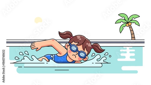 A young girl swimming in a pool on a sunny day with a palm tree nearby
