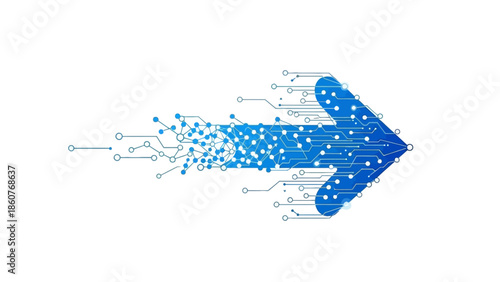 A blue arrow formed by particles moving forward on a white background from a circuit board