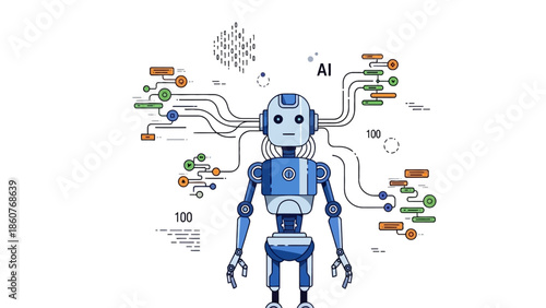Robot utilizing artificial intelligence to process data and information in a futuristic setting