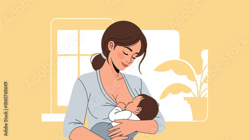 Mother tenderly breastfeeding her infant in a serene indoor setting near a window