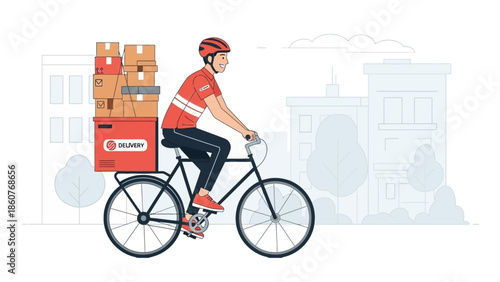 Delivery person riding bicycle with packages in urban cityscape environment from side view