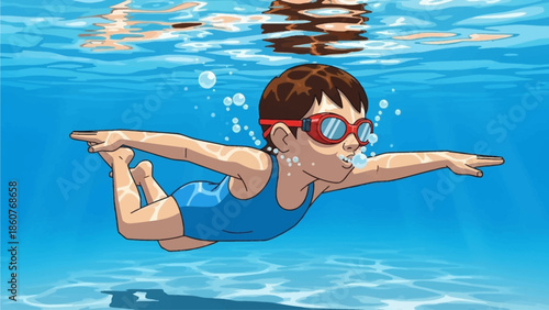 A young girl swimming underwater with goggles and a blue swimsuit in a pool