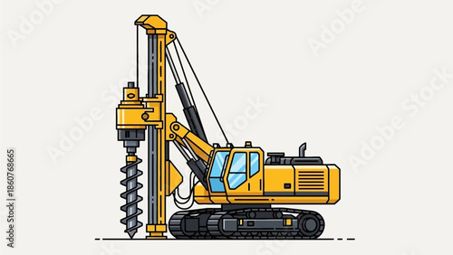 A yellow drilling machine operating on a construction site with a large drill attachment