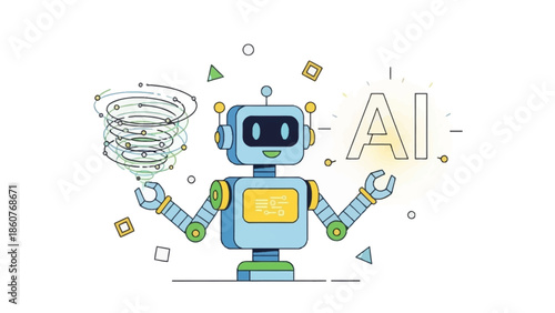 Robot illustration showcasing artificial intelligence with mechanical parts and abstract shapes surrounding it in a white background