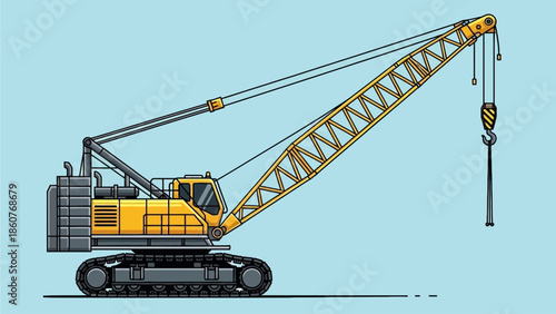 Crane operating on a construction site with heavy machinery and equipment in an industrial environment from a side viewpoint