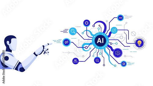 Robot interacting with artificial intelligence system through futuristic interface and neural network connections in a technological environment