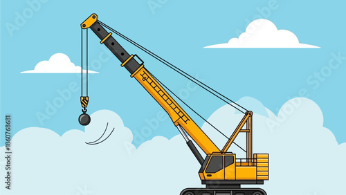 Crane lifting heavy object against blue sky with white clouds