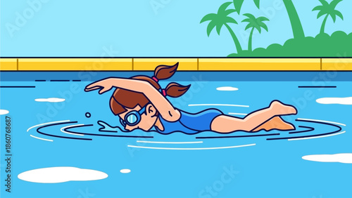 A young girl swimming in a pool on a sunny day with palm trees in the background