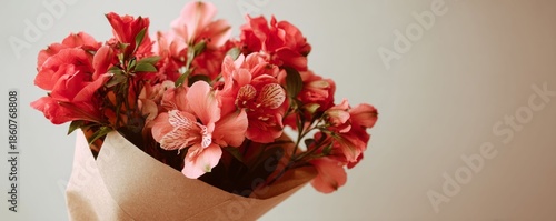 Fresh bouquet of red alstroemeria flowers in craft paper. Floral arrangement for romantic present, Mothers Day, or Valentines Day. Love and celebration concept.