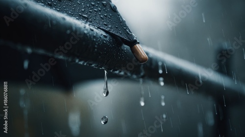 Raindrops falling on a dark umbrella, with a single drip splashing downward. Concept of weather, protection, and a moment of calm during a storm.