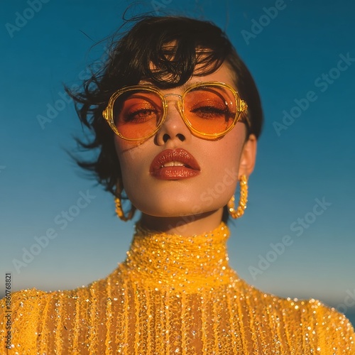 Woman portrait with orange glasses. Glamorous fashion model in sparkling yellow clothing outdoors. Summer style and beauty concept.
