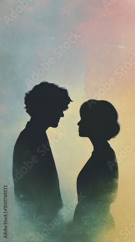 Silhouette of a man and woman looking at each other, representing love and connection for Valentines Day and romantic concepts.