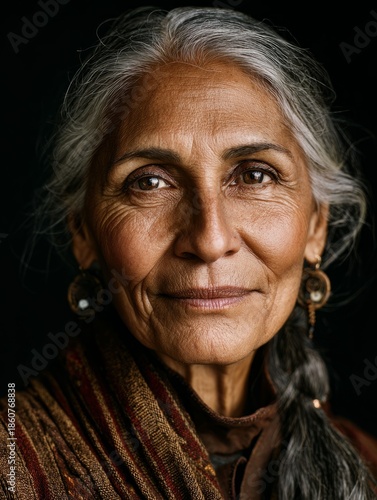 Older woman with silver hair and wrinkles on face smiles gently, demonstrating wisdom and experience. For aging, skincare, and diversity concept.