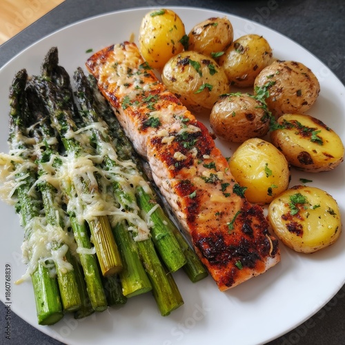 Delicious salmon fillet served with roasted potato and asparagus with cheese. Healthy and gourmet meal for dinner.