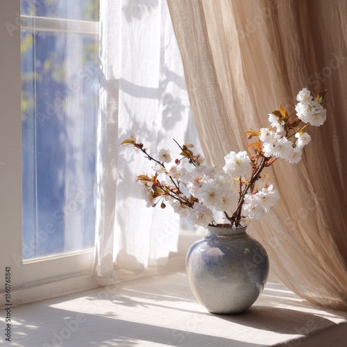 Vase of white flowers on windowsill with sunlight and sheer curtains. Indoor spring blossom decor for home interior.