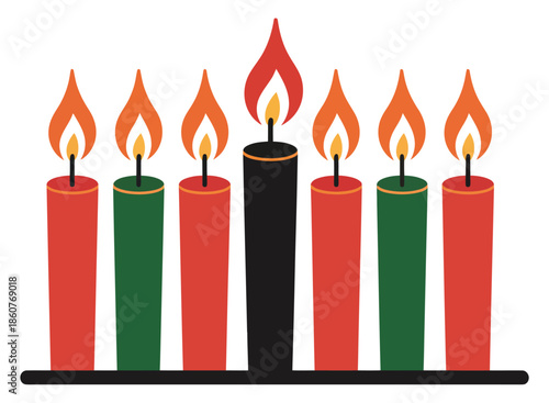 Kinara with Seven Lit Candles in Red, Black, and Green for the Kwanzaa Holiday Celebration, Representing Cultural Heritage, African Traditions, Unity Principles, Festive Decoration