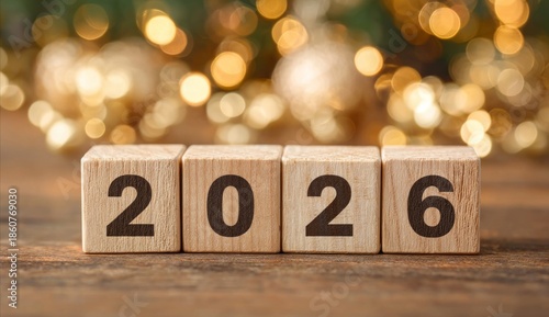 Wooden Blocks Displaying Year 2026 in Front of Festive Blurred Holiday Lights