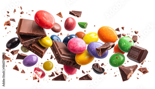 Floating colorful coated candies and chocolate pieces against a transparent background