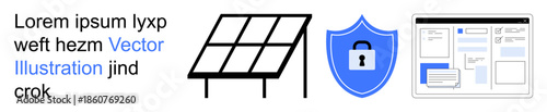 Renewable energy, online security, web design, data protection, energy conservation, digital interfaces. Solar panel, shield with padlock and web layout graphics. Renewable energy and online