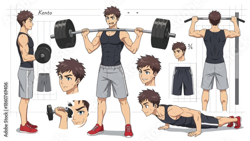 Character sheet of muscular young man lifting weights in various poses