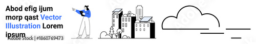 Individual gesturing toward a cluster of city buildings, greenery, and cloud outlines. Ideal for urban planning, architecture, sustainability, environment, education, technology simple landing page