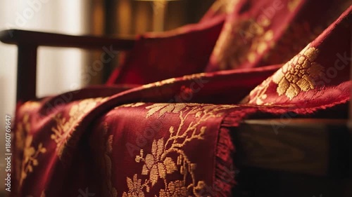 Elegant Red and Gold Fabric Drape on Antique Armchair.