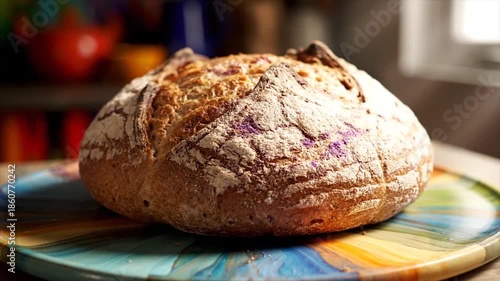 Delicious Crusty Loaf of Bread on a Colorful Plate.