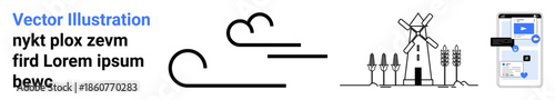 Nature, rural lifestyle, renewable energy, technology, app design, modernity. Simplistic line art of clouds, fields windmill and smartphone interface. Rural lifestyle and renewable energy
