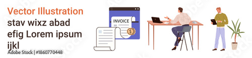 Accounting, business services, teamwork, digital collaboration, financial management, remote work. Two people collaborating with laptops, invoice document and money icon. Teamwork and business