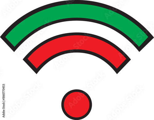 A colorful Wi-Fi signal icon featuring a red base dot and two curved signal waves in red and green. This minimalist vector represents wireless connectivity, network strength, or internet access.