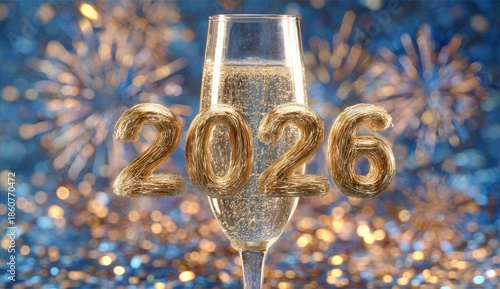 Celebratory Champagne Glass with Gold Number 2026 and Fireworks Background