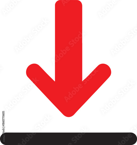 A bold red downward-pointing arrow positioned above a solid black horizontal line. This minimalist vector icon represents downloading, importing, landing, or a decrease in value.