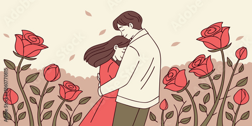 Romantic Love in Red Rose Garden