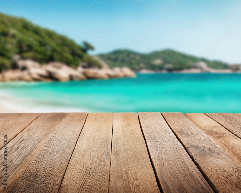 Fototapeta premium Empty wood surface with out of focus summer sea and sand, providing a perfect backdrop for product display or text
