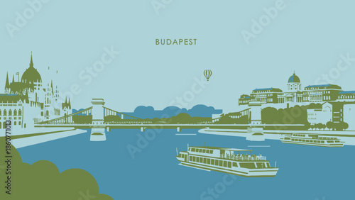 Budapest cityscape with Danube river, Parliament building, Buda Castle, Szechenyi Chain Bridge, boat, hot air balloon.